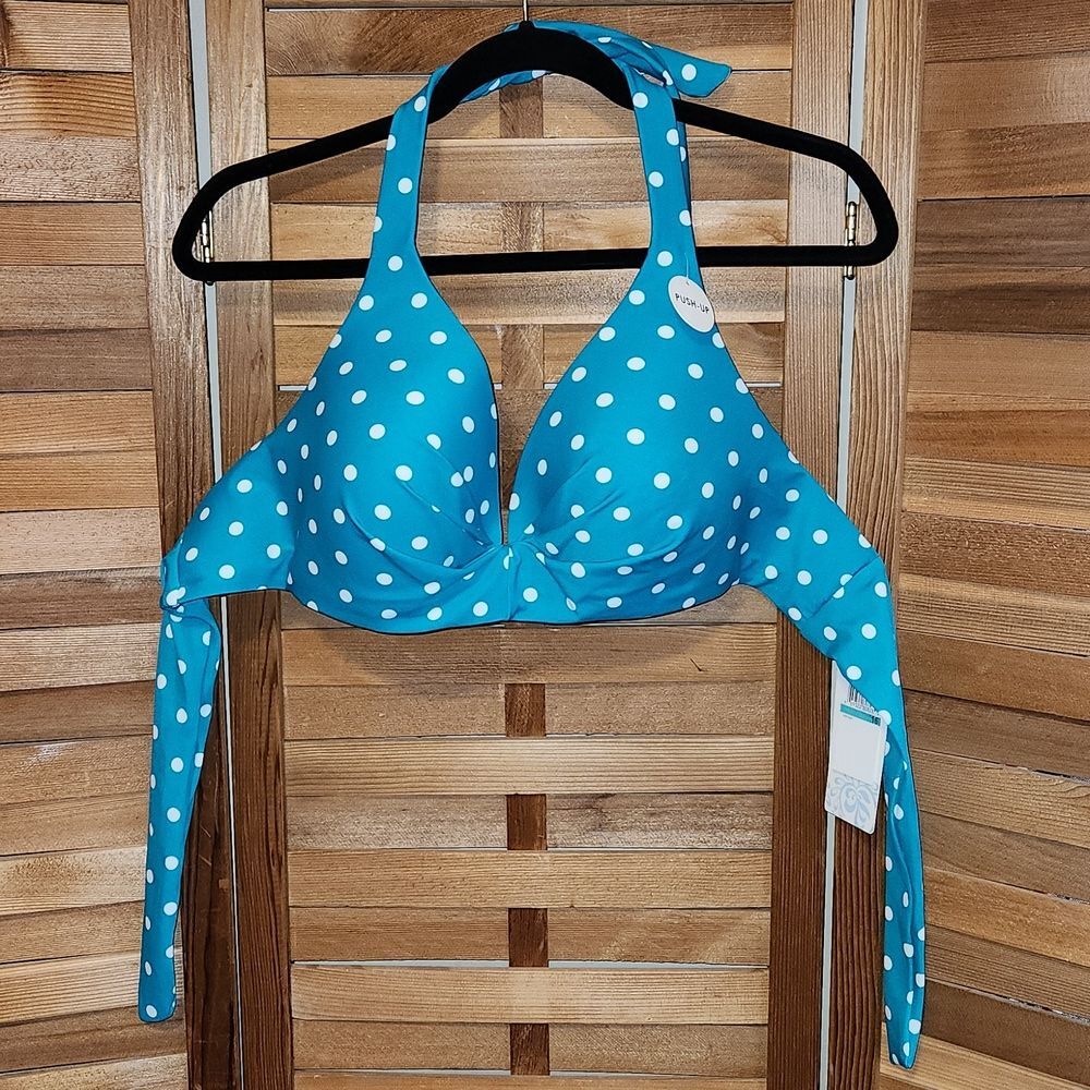 NWT Beach Diva Teal with White Polka Dot Bikini Top Size 16